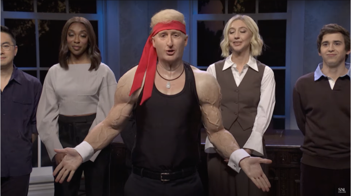 James Austin Johnson, center (with, from left, Bowen Yang, Ego Nwodim, Heidi Gardner and Marcello Hernández), appeared as “hot, jacked Trump” in the “S.N.L.” opening sketch this week. Credit/ NBC Universal, via YouTube